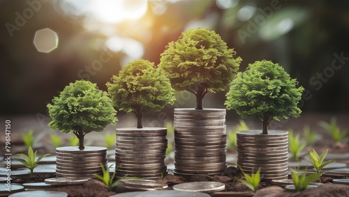 Four trees of varying heights, each growing atop a stack

of coins, stand proudly in a full bloom. The coins are arranged in ascending order, with the tallest tree reaching the highest stack photo