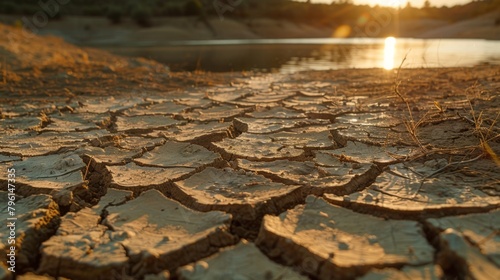 A cracked, dry lake bed reflecting the harsh reality of water scarcity in drought-prone areas photo