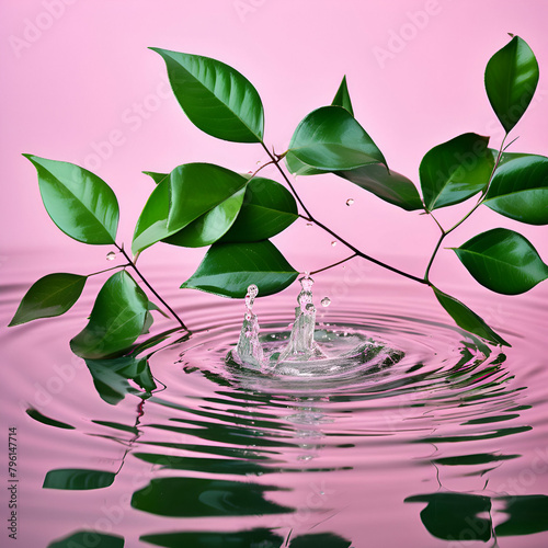Water ripple with green leaves. Trendy pink background for cosmetic product presentation. Artistic concept. Copy space