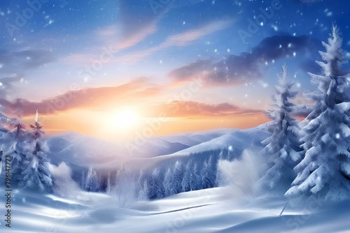 Banner background with winter landscape with copy space , sun low over the horizon at sunrise in wintery panorama view with white trees and falling snow.
