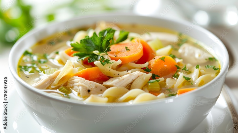 Nourishing bowl of chicken noodle soup with fresh vegetables and whole wheat noodles, made with low-sodium chicken broth, studio lighting, isolated background Nourishing bowl of chicken noodle soup with fresh vegetables and whole wheat noodles, made with low-sodium chicken broth, studio lighting, isolated background
