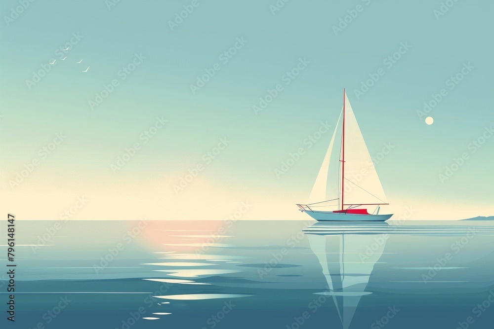 Illustration of a sailboat sailing across calm waters.