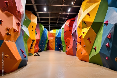 Indoor artificial rock climbing walls with coloured holds , no people.