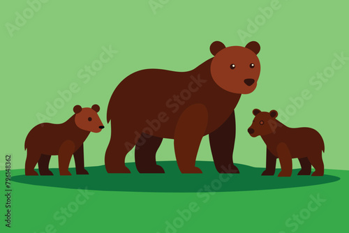 Brown bear  ursus arctos  mother with two cubs on green meadow with copy space. Wide panoramic banner of wild mammal with her lovely offspring s. Animal wildlife in nature