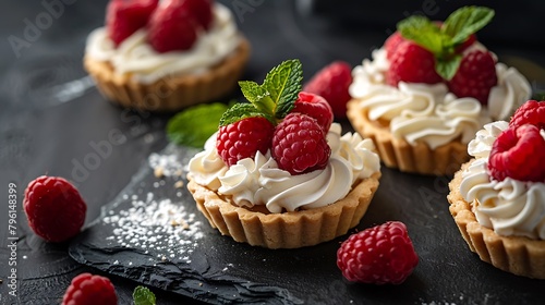 Delicious raspberry mini tarts with whipped cream on dark background