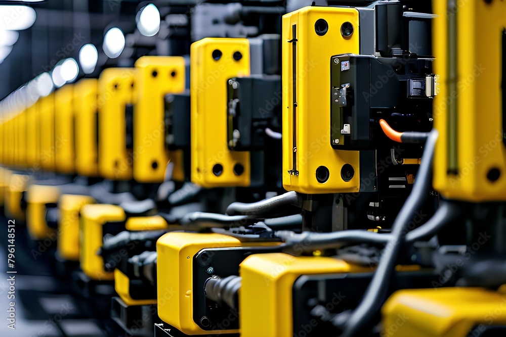 Mass production assembly line of electric vehicle battery cells close-up view.