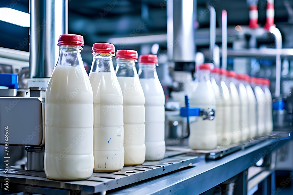 Milk bottles filling line in a dairy product factory plant. Milk bottles filling line in a dairy product factory plant.