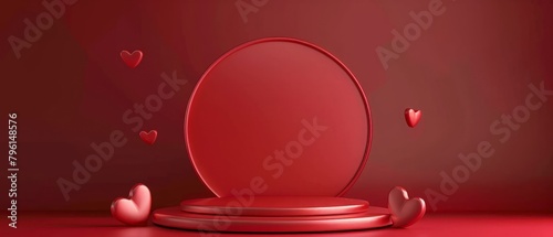 Valentine's day, 3d round podium or pedestal with red empty studio room, minimal product background with heart overlap behind, mock up for love concept display