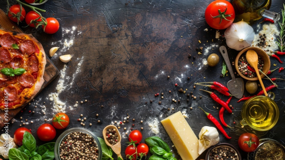 A creative flat lay of various pizza ingredients, ready to be assembled A creative flat lay of various pizza ingredients, ready to be assembled