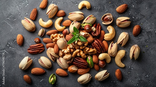 Luxurious spread of premium nuts including pistachios, cashews, and Brazil nuts, presented as key to a healthy diet, on an isolated studio backdrop