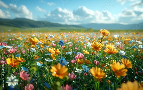 A vast sea of multicolored wildflowers covers the land with a majestic mountain range in the far distance under a sunny sky photo