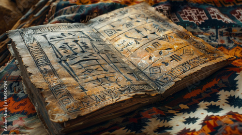 A dusty old book of spells its pages filled with ancient symbols and incantations p on an ornate Navajo rug. . photo