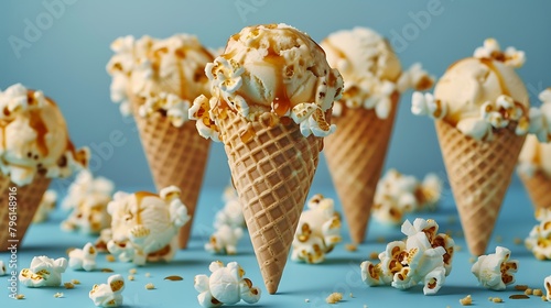 delicious salted caramel popcorn ice cream cones on blue table background