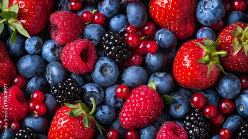 Lush top view of mixed berries including blueberries, strawberries, raspberries, blackberries, and cranberries, rich in color, isolated background, studio lighting