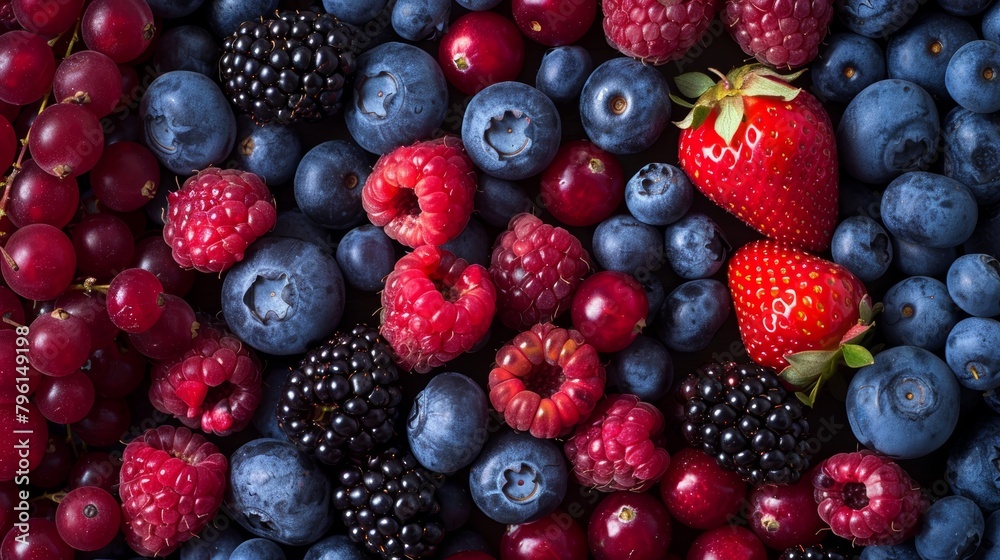 Lush top view of mixed berries including blueberries, strawberries, raspberries, blackberries, and cranberries, rich in color, isolated background, studio lighting Lush top view of mixed berries including blueberries, strawberries, raspberries, blackberries, and cranberries, rich in color, isolated background, studio lighting