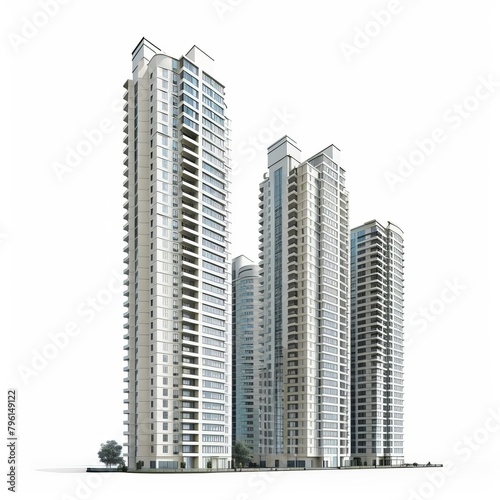 3D Render of a high-rise condominium complex with panoramic views of the city skyline, on isolated white background, Generative AI