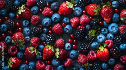 Lush top view of mixed berries including blueberries  strawberries  raspberries  blackberries  and cranberries  rich in color  isolated background  studio lighting