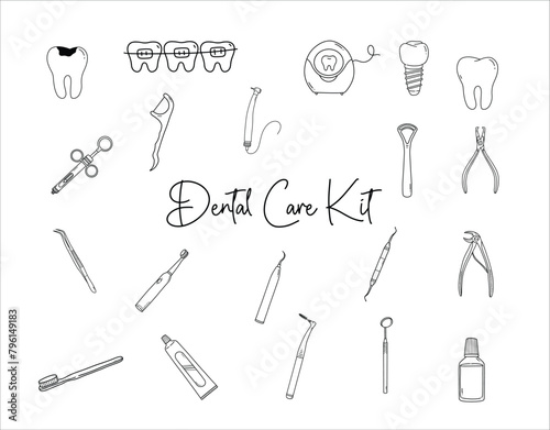 Dental care kit illustration outline style
