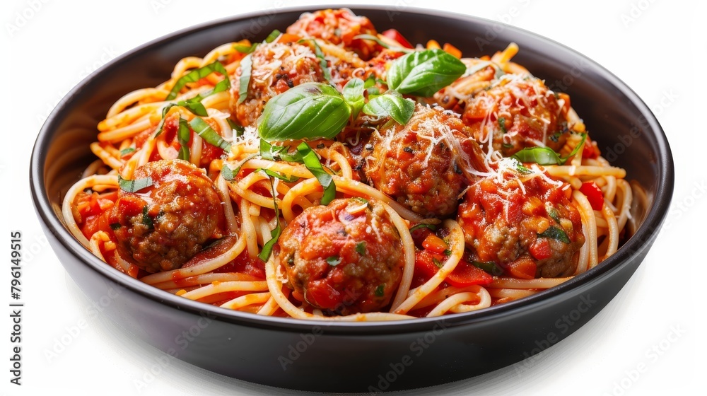 Inviting top view of Spaghetti and Meatballs, crafted with whole wheat pasta, lean meatballs of turkey, and a homemade sauce full of vegetables, isolated background Inviting top view of Spaghetti and Meatballs, crafted with whole wheat pasta, lean meatballs of turkey, and a homemade sauce full of vegetables, isolated background