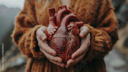 Human body heart anatomy in hands of woman. World Heart Day. Cardiac care concept