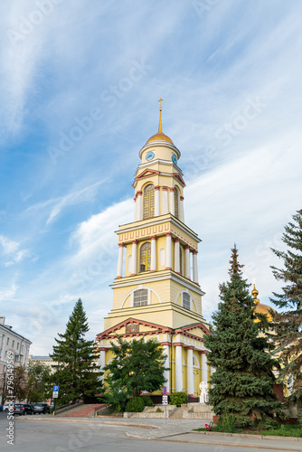 Lipetsk, Russia. Cathedral of the Nativity of Christ. Bell tower with clock. Lenin-Cathedral Square photo