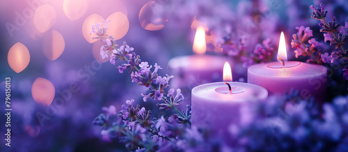 candles with beautiful lush violet flower