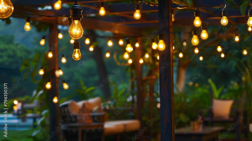 A decorative string of LED lights hanging from a pergola, illuminating an outdoor seating area and adding a festive touch to backyard gatherings. A decorative string of LED lights hanging from a pergola, illuminating an outdoor seating area and adding a festive touch to backyard gatherings.