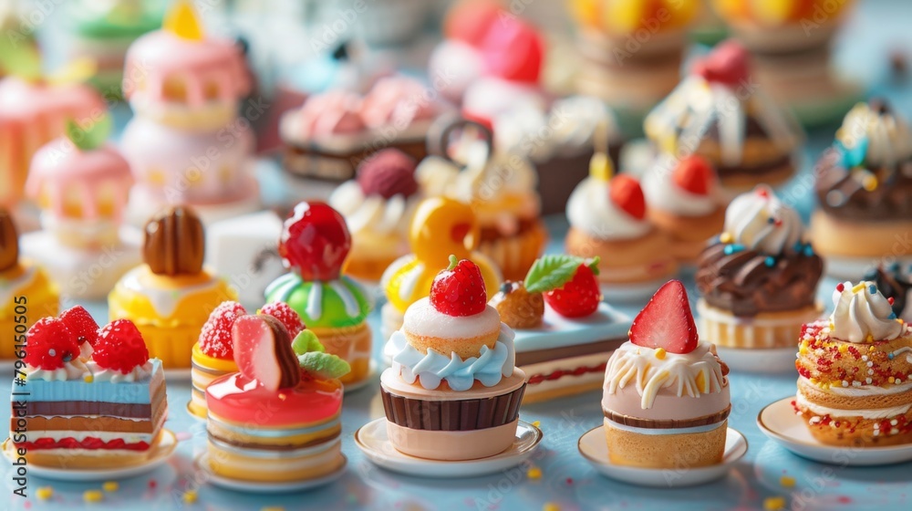 A delightful spread of miniature desserts, perfect for sampling a variety of sweet flavors A delightful spread of miniature desserts, perfect for sampling a variety of sweet flavors