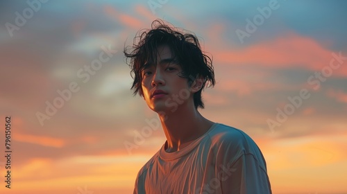 Portrait of young Asian man on sky background at sunset.