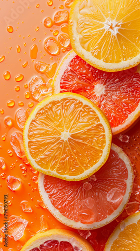 Citrus slices with ice on orange pastel background. Concept of vitamin C or abstract citrus background.
