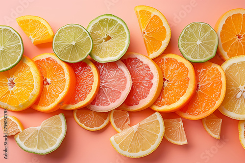 Citrus slices on pink pastel background. Concept of vitamin C or abstract citrus background.