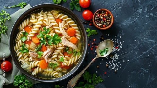 Homemade Chicken Noodle Soup top view, highlighting its health benefits with plenty of vegetables, whole wheat noodles, and low-sodium broth, isolated background for ads