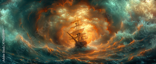 A dramatic scene unfolds as a pirate ship is engulfed by an vortex descending into an ocean vortex photo
