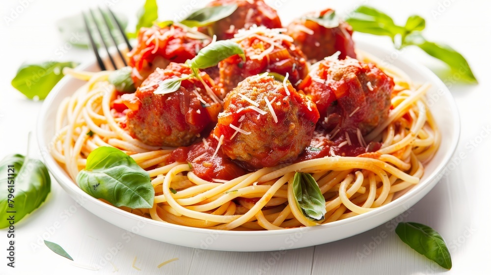 Heart-healthy Spaghetti and Meatballs setup, whole wheat pasta with turkey meatballs, draped in a vegetable-rich tomato sauce, ideal for nutritious diets, isolated background Heart-healthy Spaghetti and Meatballs setup, whole wheat pasta with turkey meatballs, draped in a vegetable-rich tomato sauce, ideal for nutritious diets, isolated background