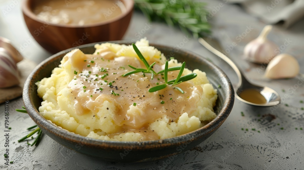 Heart-healthy mashed potatoes prepared with reduced-fat butter and non-dairy milk, accompanied by gravy made with minimal fat, isolated backdrop, studio lighting Heart-healthy mashed potatoes prepared with reduced-fat butter and non-dairy milk, accompanied by gravy made with minimal fat, isolated backdrop, studio lighting