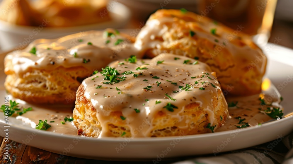 Heart-healthy biscuits and gravy, using whole wheat biscuits, turkey sausage, and reduced-fat milk gravy, perfect comfort food, isolated setup