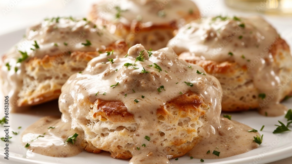 Healthy twist on comfort food, biscuits made with whole wheat, topped with lower fat turkey sausage gravy, isolated on white, studio lighting