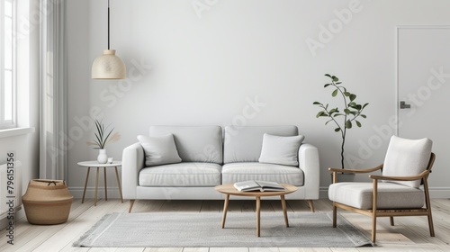 A light sofa against a white wall creates the impression of space and light. Modern interior design emphasizes minimalism, clean lines and functionality. The overall impression can be associated with 