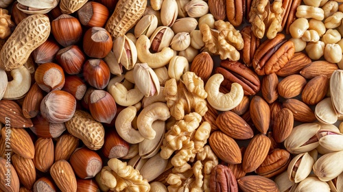 Healthy top view of mixed nuts including almonds, walnuts, pistachios, cashews, and Brazil nuts, emphasizing their rich textures and colors, isolated background, studio lighting