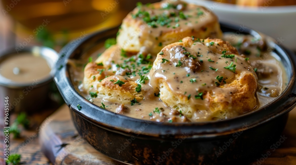 Healthy top view of Biscuits and Sausage Gravy, using whole wheat biscuits, turkey sausage, and low-fat gravy, prepared with minimal oil, isolated background Healthy top view of Biscuits and Sausage Gravy, using whole wheat biscuits, turkey sausage, and low-fat gravy, prepared with minimal oil, isolated background