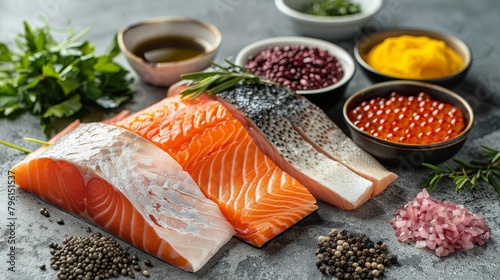 Healthy seafood spread featuring salmon, mackerel, trout, sardines, and herring, highlighted for their omega-3 content, isolated background