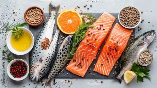 Healthy seafood spread featuring salmon, mackerel, trout, sardines, and herring, highlighted for their omega-3 content, isolated background