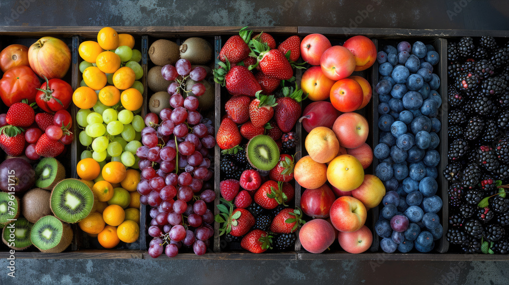 Food art created with a variety of fruits and berries in rainbow colors Food art created with a variety of fruits and berries in rainbow colors