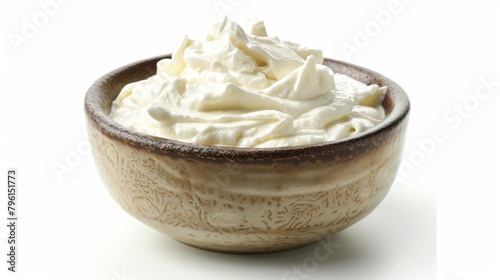 Gourmet shot of thick Greek yogurt, a source of rich protein and calcium, served in a simple bowl, isolated on white, studio lighting
