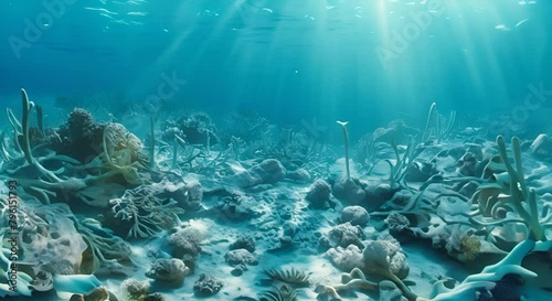the ocean floor littered with the skeletons of coral reefs, bleached bones in an aquatic graveyard, photo