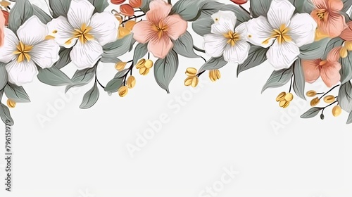 Botanical Floral Pattern with Realistic Flowers and Greenery on White Background