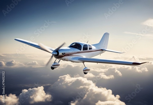 'private small engine clouds single flight airplane cloud wheel travel plane flying aeroplane aircraft blue aero commuter wing brown pilot cessna transportation dramatic' photo