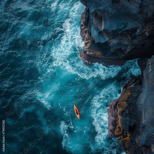 drone view, where mountain cliffs meets the raging ocean, large kayak floating in ocean