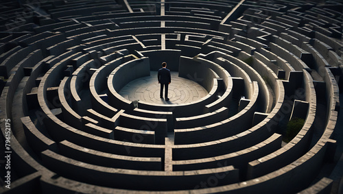 Wide perspective image of A Businessman standing in the middle of a maze, business problems and solutions concept, vision
