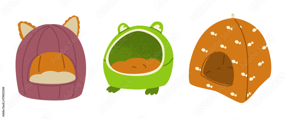 Set of three cat houses. Cozy havens for sleeping. Interior items for animals. Pet care. Design for stores with pet products. Home life of a cat. Vector illustration isolated on transparent background Set of three cat houses. Cozy havens for sleeping. Interior items for animals. Pet care. Design for stores with pet products. Home life of a cat. Vector illustration isolated on transparent background